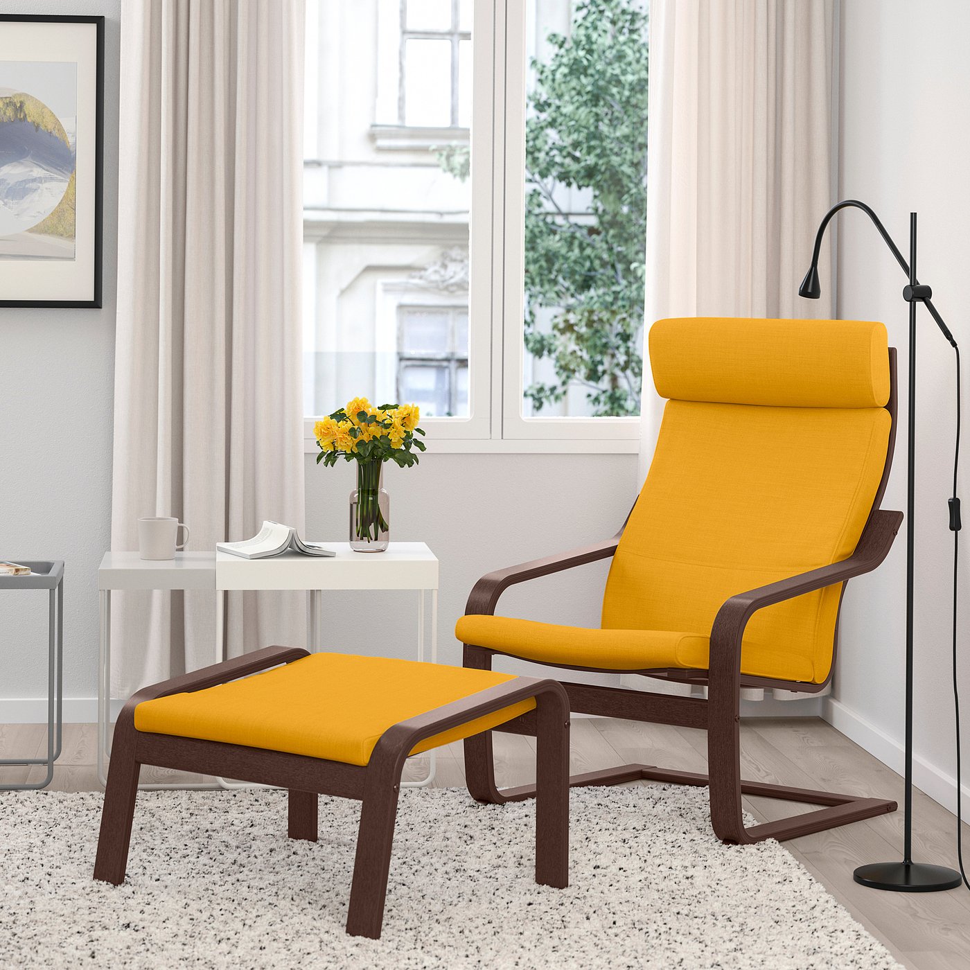 POÄNG armchair and footstool, brown/Skiftebo yellow - IKEA