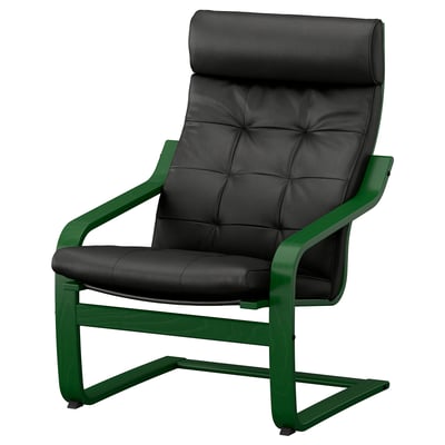Black leather POÄNG armchair with green metal frame.