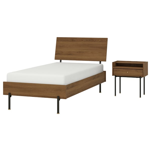 Mid-century bedroom set: wooden bed & bedside table, warm walnut, clean lines.