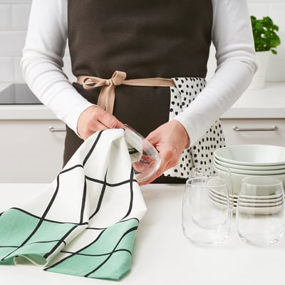 RINNIG Tea towel, white/green/patterned, 45x60 cm