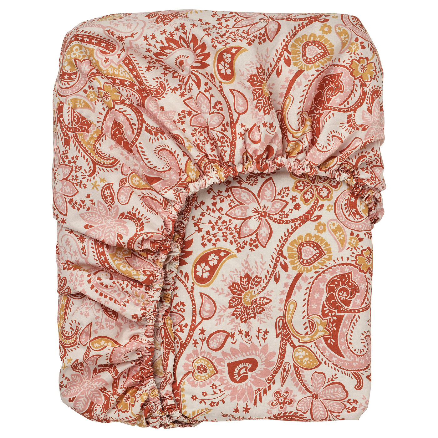 RODGERSIA fitted sheet, paisley design, pink & orange hues, soft cotton-viscose blend, rectangular, elastic edges.