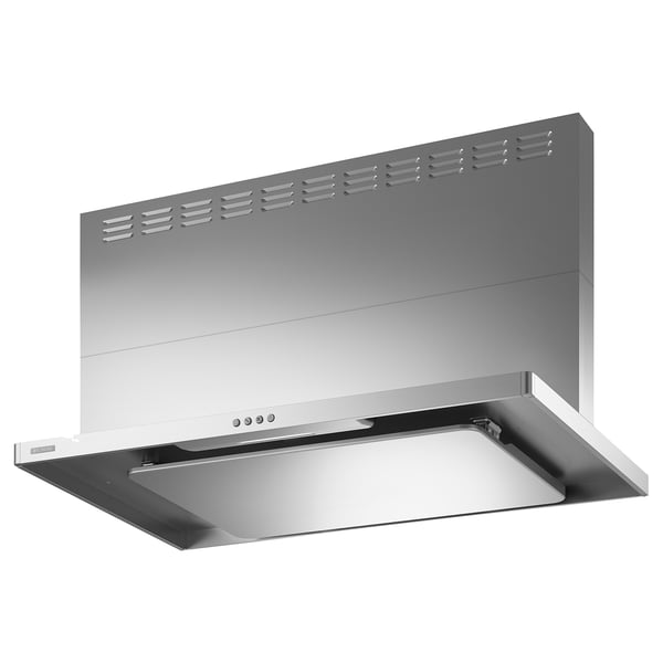 A silver ROTERAD wall-mounted extractor hood with built-in lighting and a control panel at the front.