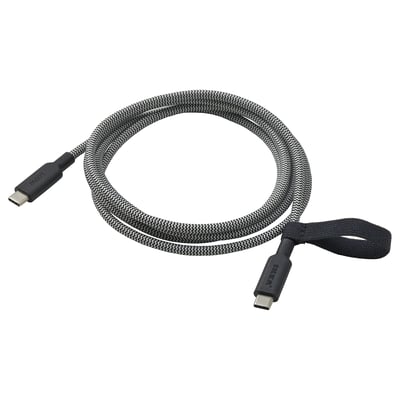 Black & grey braided usb-c cable, 1. 5m, coiled, durable textile surface