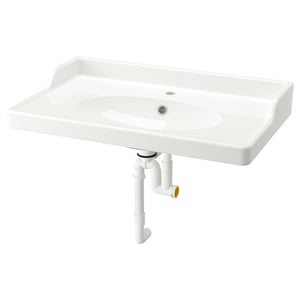 White RUTSJÖN rectangular wash-basin with curves, wall-mounted and backsplash.