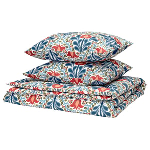 SÄTERVIDE duvet set with blue, red, green floral designs. Cotton/lyocell blend, soft & breathable.