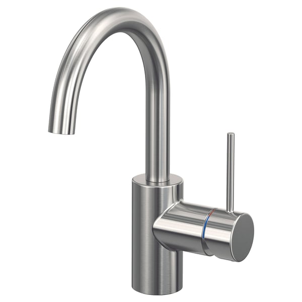 A SALLSJÖN stainless steel tap with a sleek, modern design. It an elongated spout and a cylindrical handle.