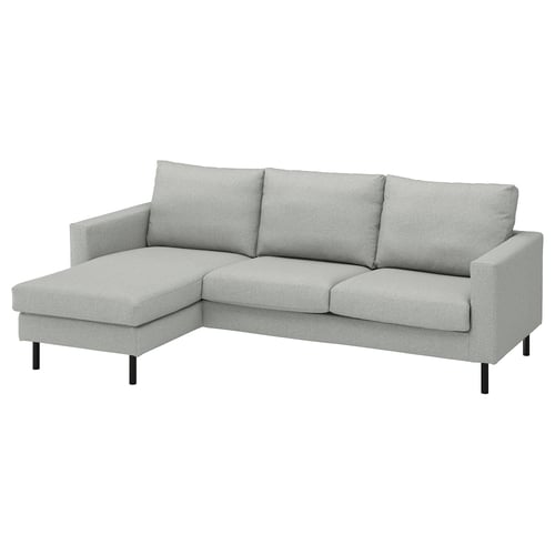 Modern grey l-shaped sofa with sleek metal legs and medium firm cushions.