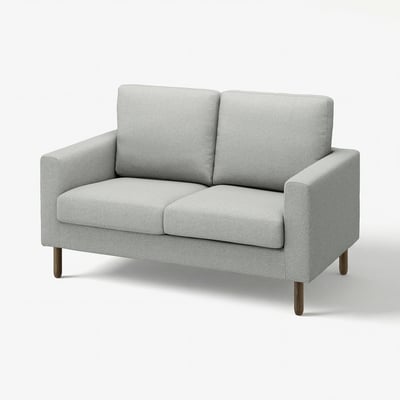 Modern light grey sofa, two cushions, wooden legs, clean minimalist design.