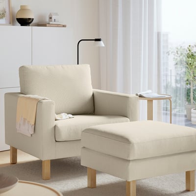 SALTSJÖBADEN footstool: cream, wood, square, compact. Joins armchair, fits small spaces.