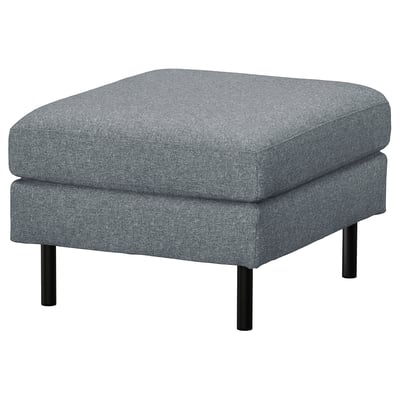 A grey fabric footstool, SALTSJÖBADEN, with black metal legs. It has a square shape and a smooth, clean design.