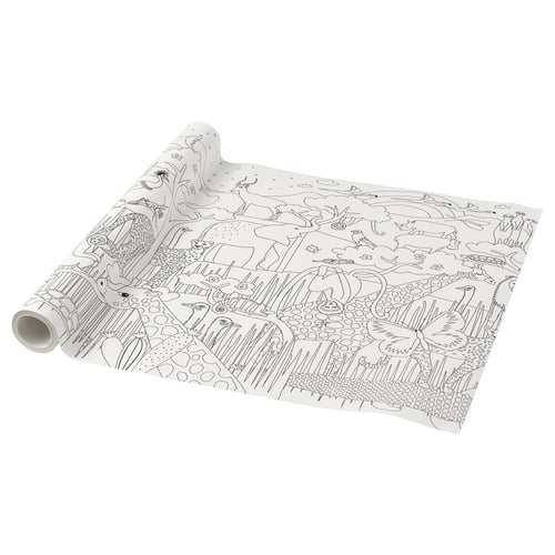 A roll of SANDLÖPARE colouring paper featuring a detailed, blackline jungle scene; uncolored.