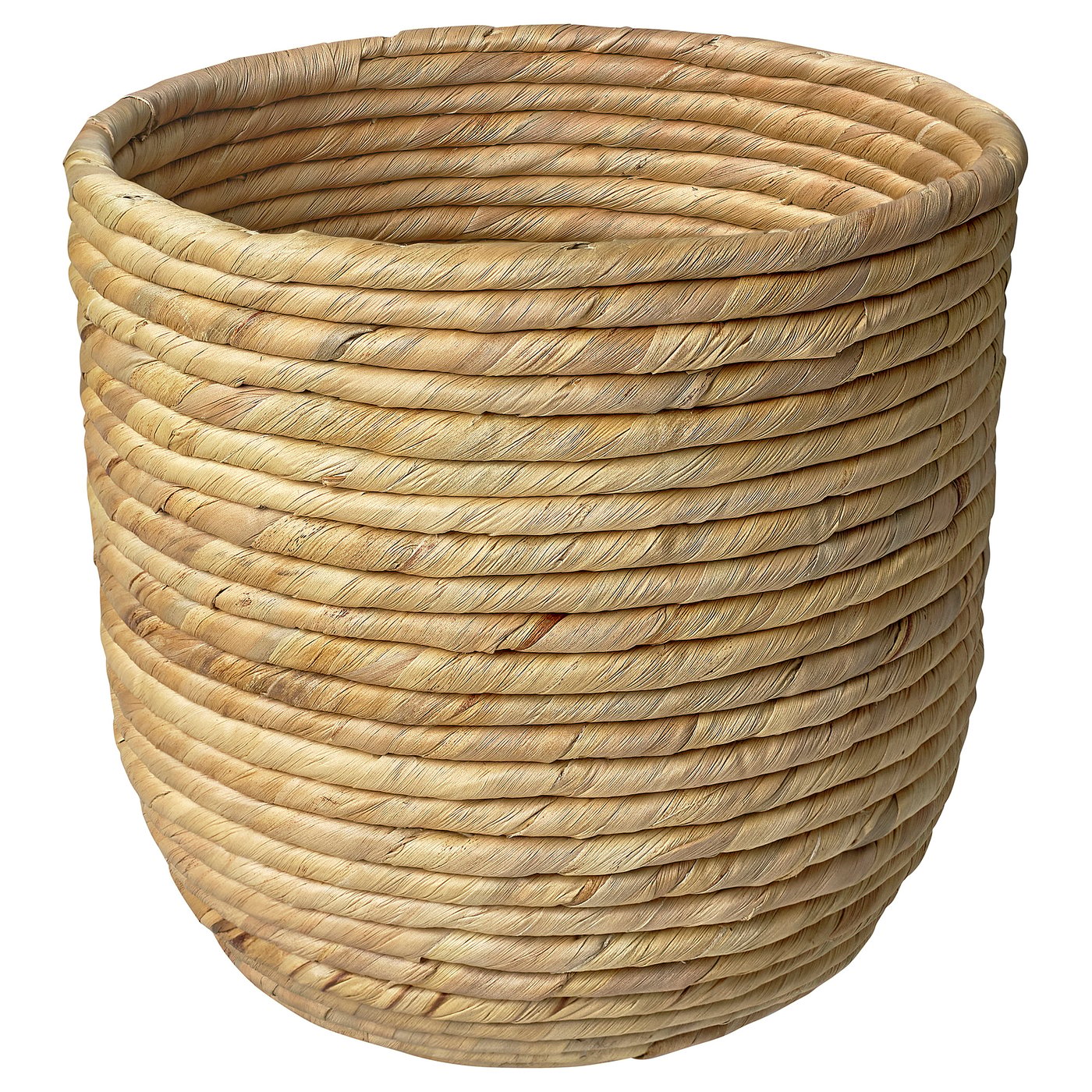Wicker basket, natural colour, woven sedge & water hyacinth, round shape, rustic design.