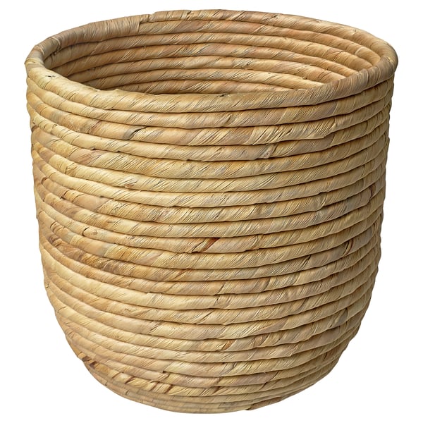 Wicker basket, natural colour, woven sedge & water hyacinth, round shape, rustic design.