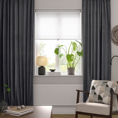 SANELA Curtains, 1 pair, dark grey/with heading tape, 140x250 cm