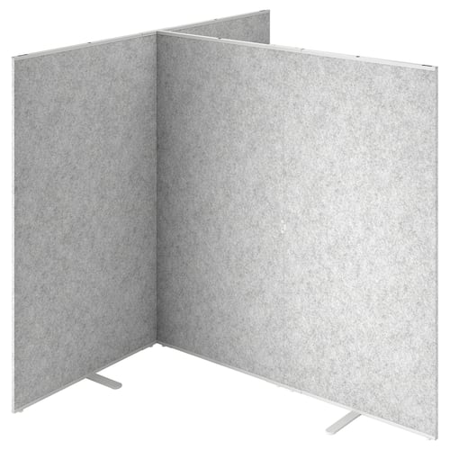 A grey SIDORNA room divider with three panels arranged in a u-shape for privacy. It a simple, modern design for office spaces.