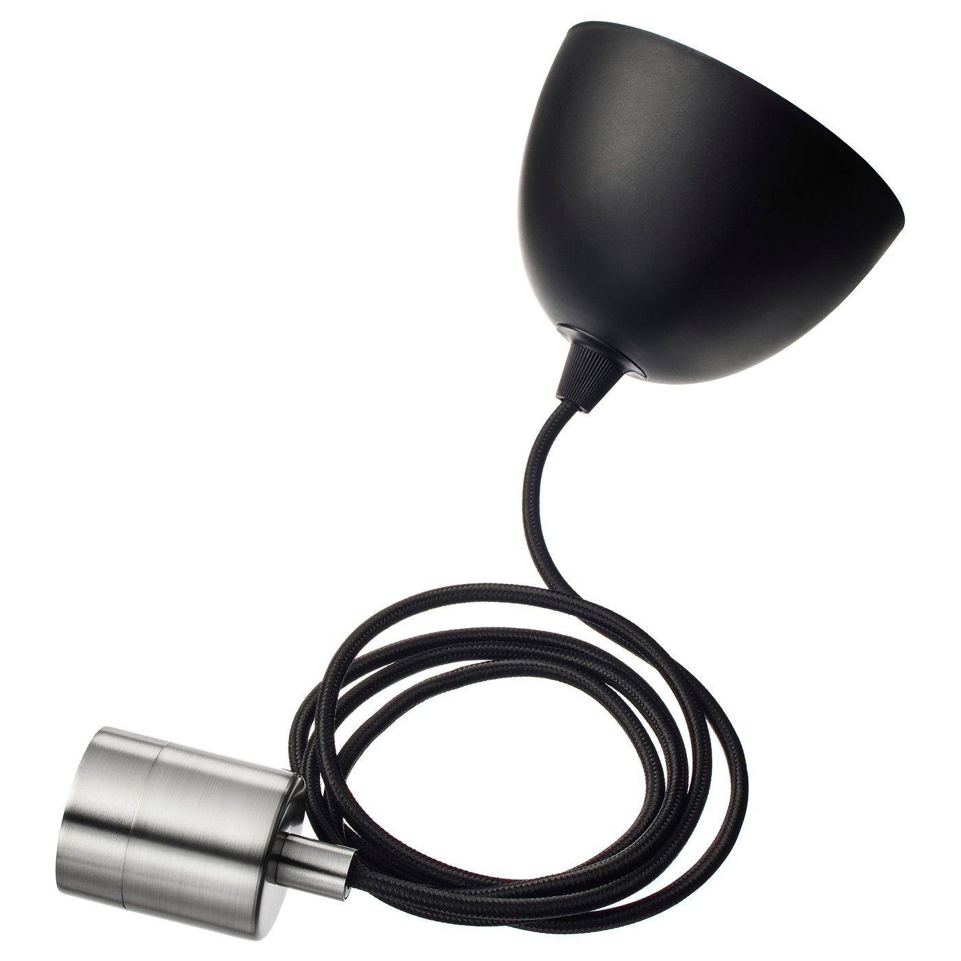 A black SKAFTET lamp cord set with a silver lampholder and black braided cord. Modern, minimalist design.