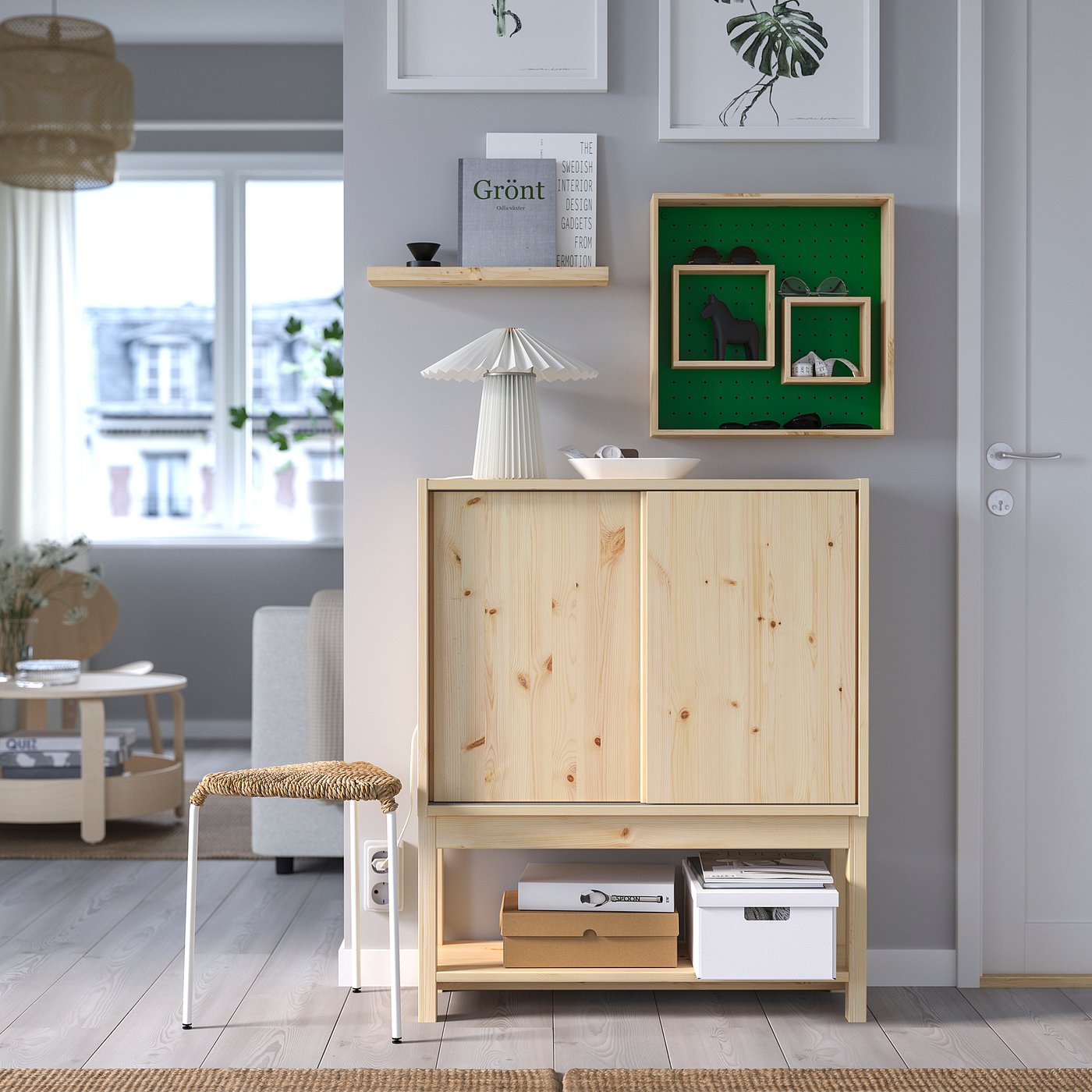 SKOGSMOSAIK display shelf, pine/green, 45x45 cm - IKEA