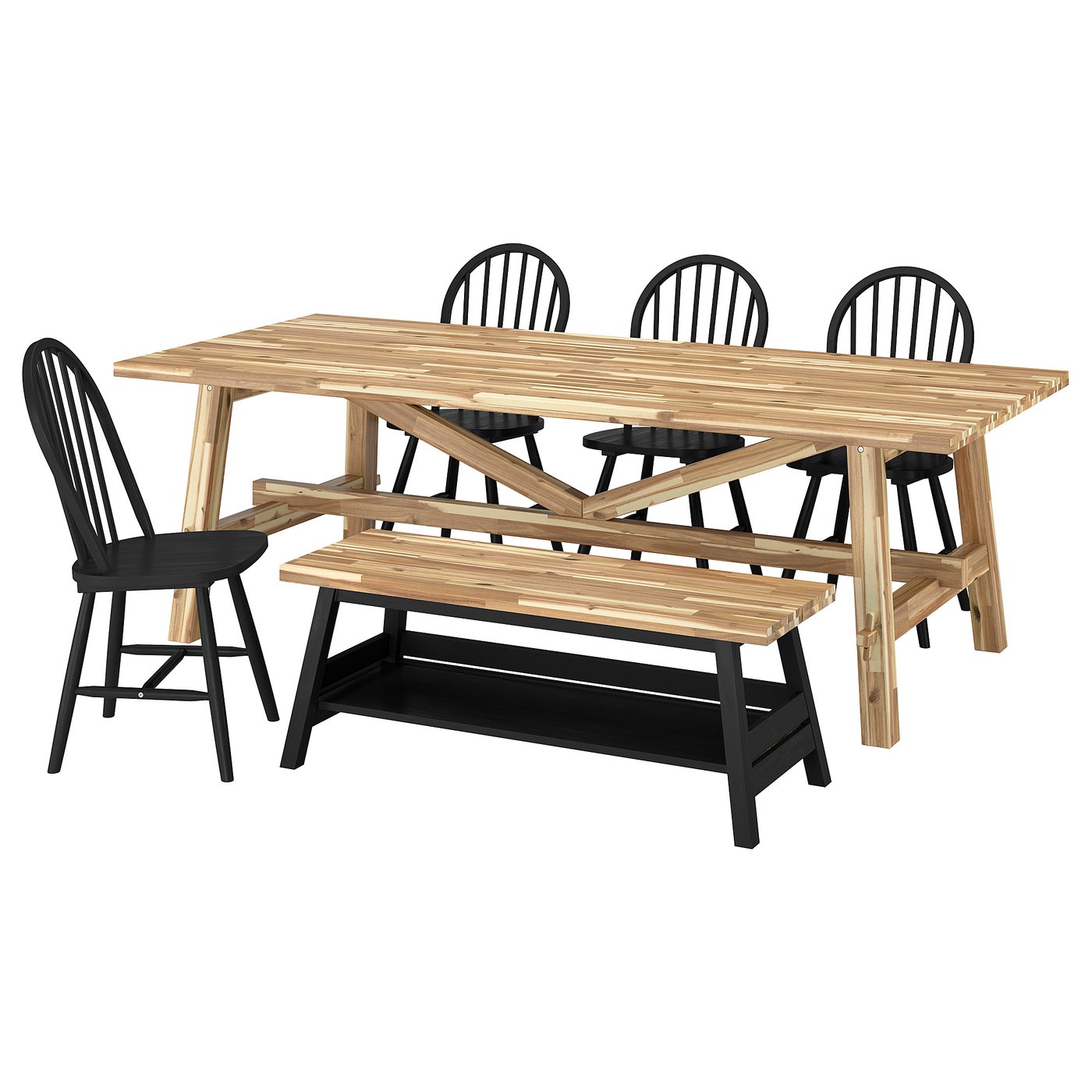 SKOGSTA / SKOGSTA table+4 chairs+bench, acacia/black acacia/black
