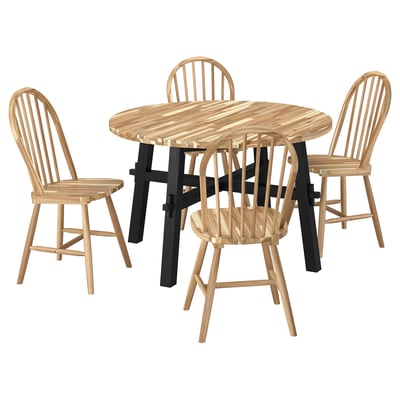 SKOGSTA dining set: round acacia wood table, four matching chairs with slatted backs, black metal legs.
