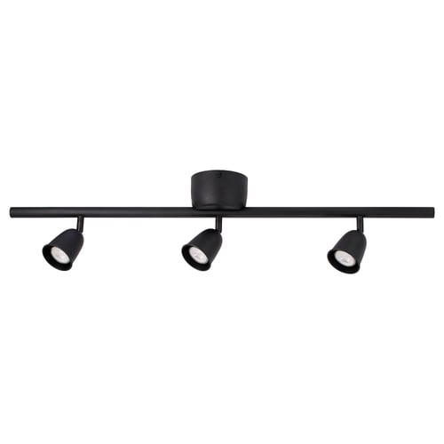 A SKURUP black ceiling light with three adjustable spotlights on a metal bar.