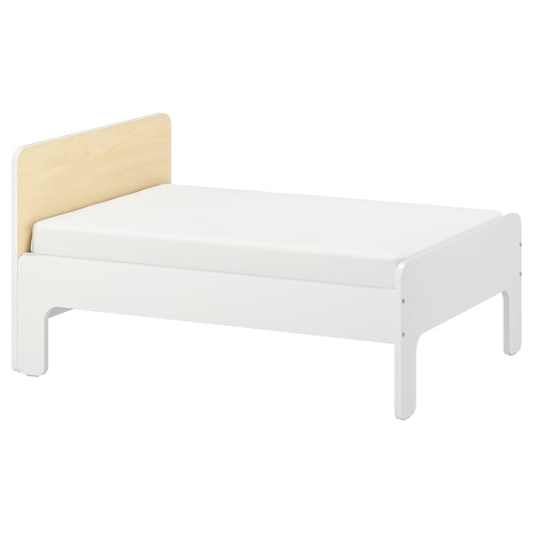 SLÄKT Ext bed frame with slatted bed base, white/birch, 80x200 cm