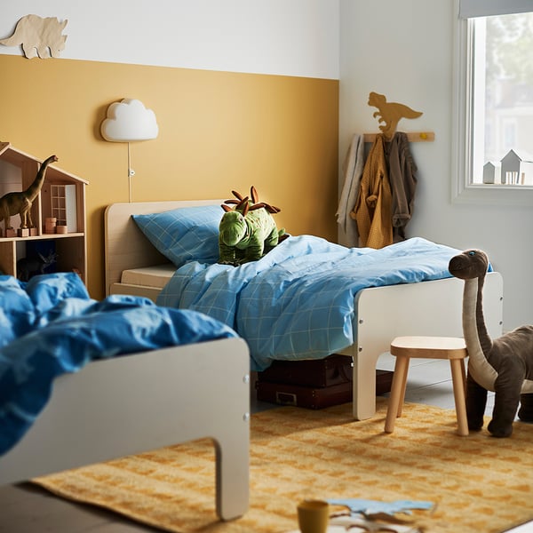 SLÄKT Ext bed frame with slatted bed base, white/birch, 80x200 cm