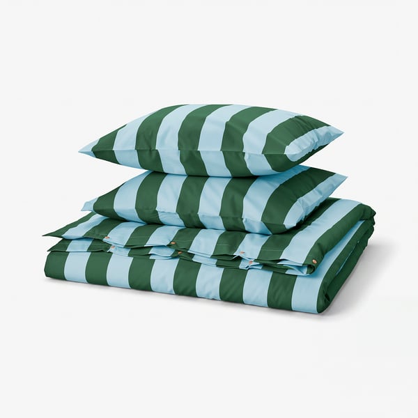 SLÅNHÖSTMAL Duvet cover and 2 pillowcases, light blue dark green/stripe, 200x200/50x60 cm