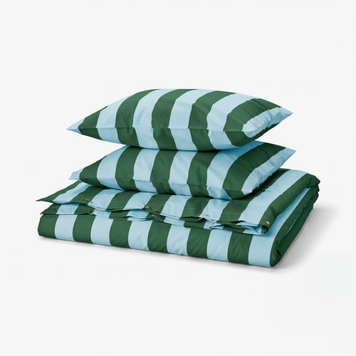SLÅNHÖSTMAL Duvet cover and 2 pillowcases, light blue dark green/stripe, 200x200/50x60 cm