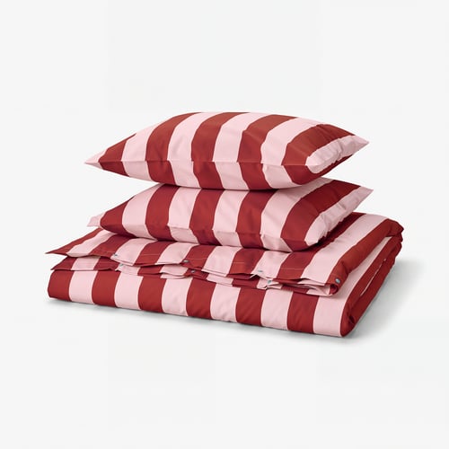 SLÅNHÖSTMAL Duvet cover and 2 pillowcases, light pink dark red/stripe, 200x200/50x60 cm