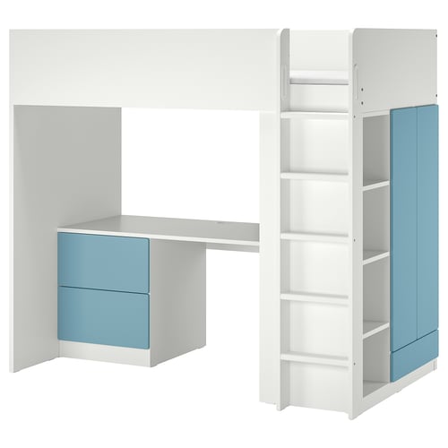A white and blue kids loft bed with desk, wardrobe, and shelves. Efficient space-saving design for small rooms.