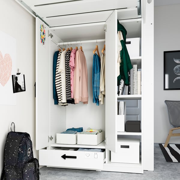 SMÅSTAD Loft bed, white pale pink/with desk with 3 drawers, 90x200 cm