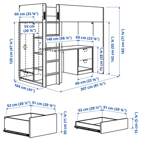 SMÅSTAD Loft bed, white white/with desk with 3 drawers, 90x200 cm