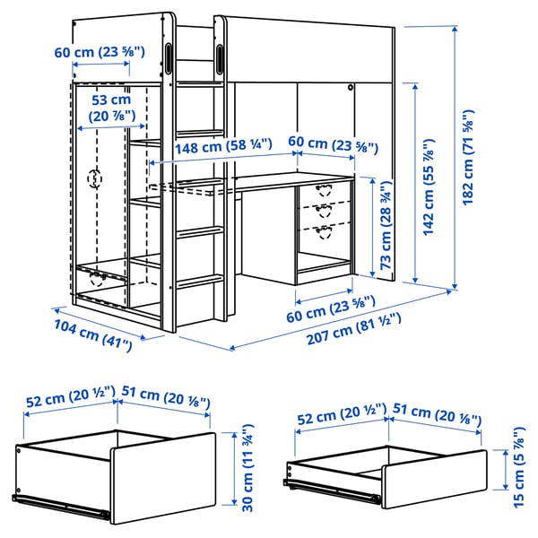 SMÅSTAD Loft bed, white white/with desk with 4 drawers, 90x200 cm