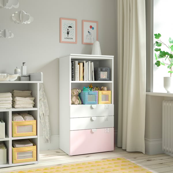 SMÅSTAD / PLATSA Bookcase, white pale pink/with 3 drawers, 60x42x123 cm