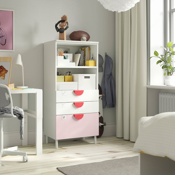 SMÅSTAD / PLATSA Bookcase, white pale pink/with 3 drawers, 60x42x123 cm