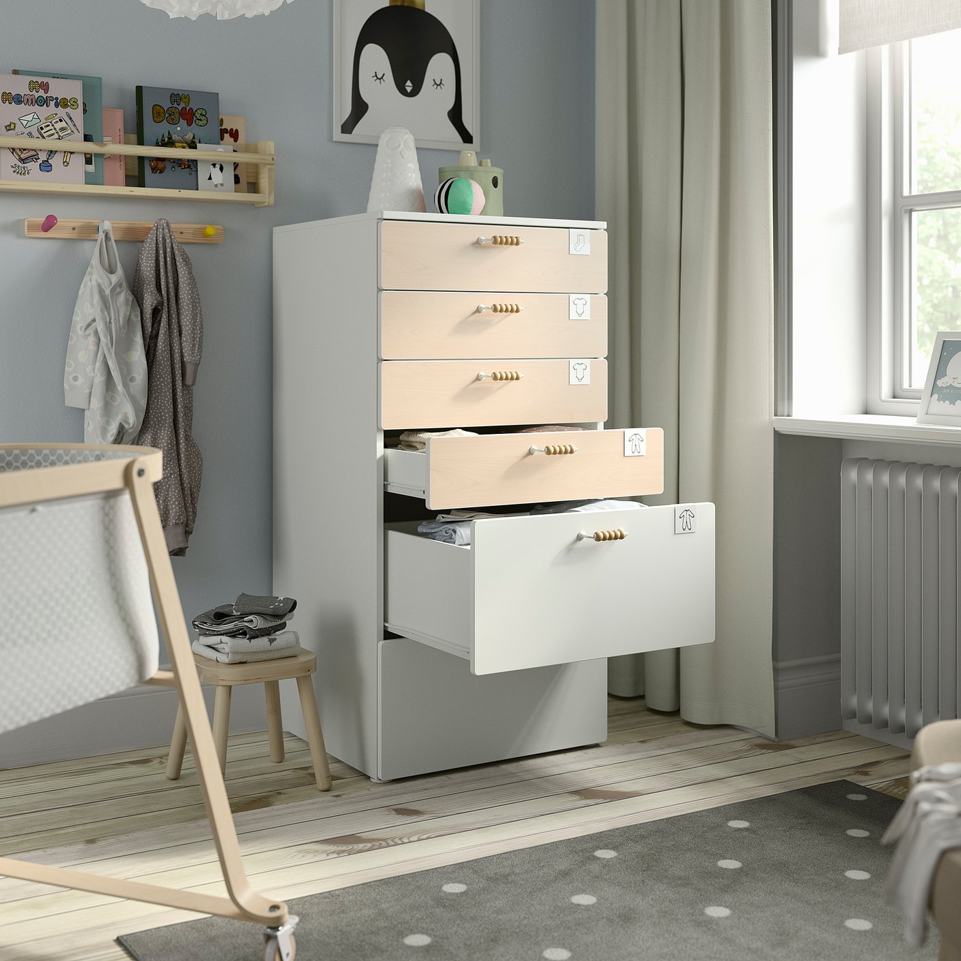 SMÅSTAD / PLATSA chest of 6 drawers, white birch/light green