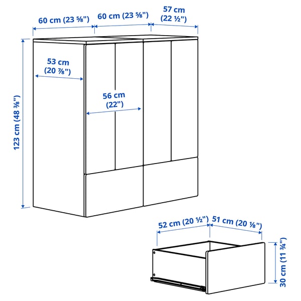 SMÅSTAD / PLATSA Storage combination, white red/birch with 2 drawers, 120x57x123 cm