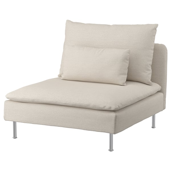 Off-white SÖDERHAMN armchair with chrome legs, modern, plush cushions.