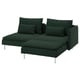 Modern green l-shaped sofa with three plush cushions, sleek metal legs, and a cosy, inviting design.