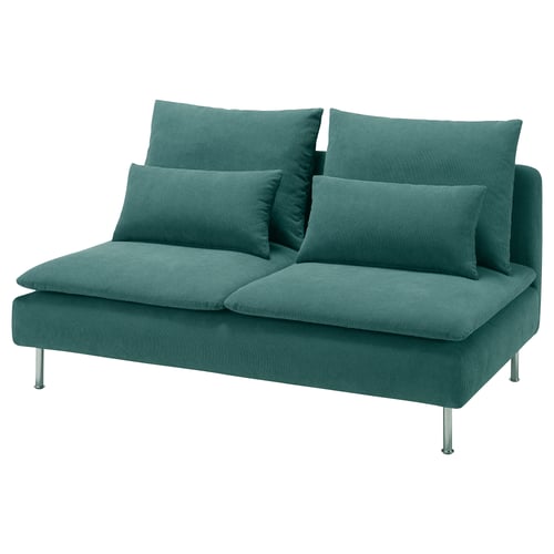 A teal, modern SÖDERHAMN loveseat with plush cushions and metal legs, perfect for cosy relaxation.