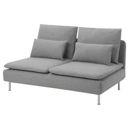 Modern, light grey l-shaped sofa with minimalist design and sleek metal legs.