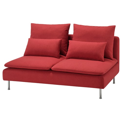 Red SÖDERHAMN compact sofa with soft cushions and slim lines on high legs.