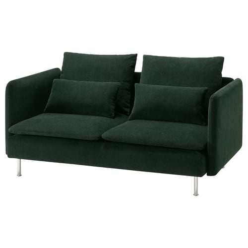 Dark green SÖDERHAMN sofa slim metal legs, three cushions, plush chenille fabric.