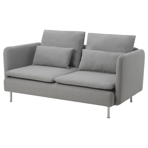 A modern grey fabric sofa named SÖDERHAMN with large cushions and slim legs, designed for comfort.