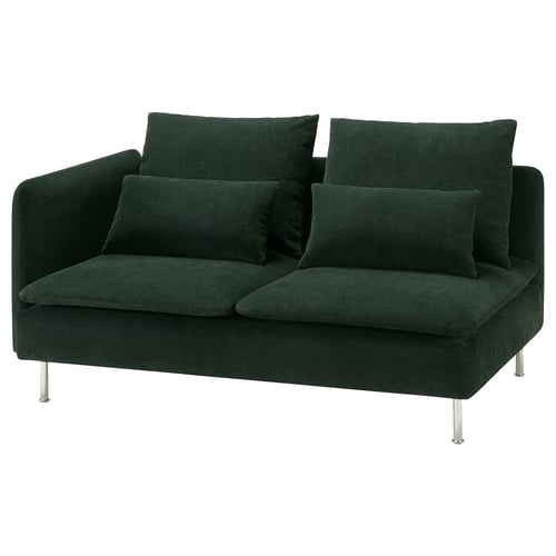 Dark green modern sofa with metal legs, three cushions, and minimalist design.