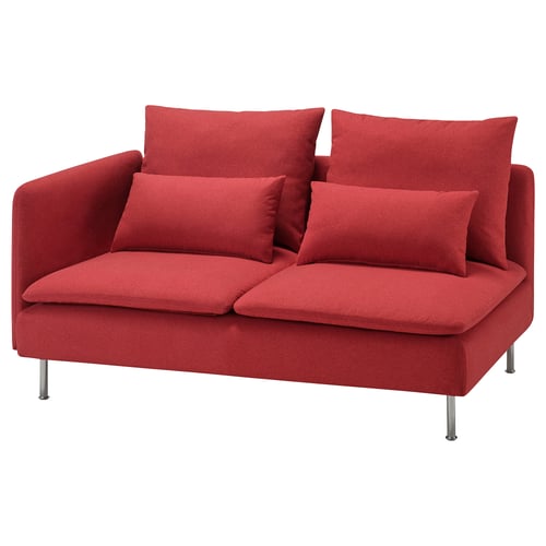 Bright red SÖDERHAMN compact sofa. Soft, low seats with cushions. Slim, high legs. Modern, inviting design.