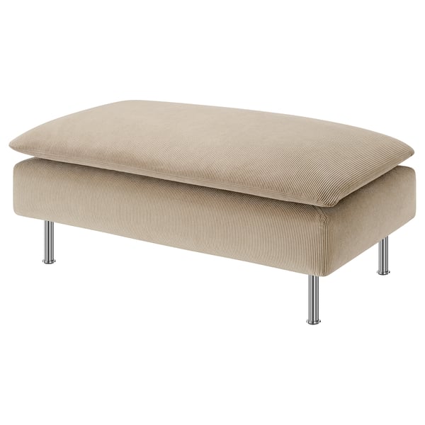 A beige IKEA SÖDERHAMN footstool with a removable cover and chrome legs. Rounded design for comfort.