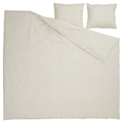 Image shows SOLFIBBLA bedding set in beige with vertical stripe design, featuring a duvet cover and two pillowcases. Made from 100% cotton.