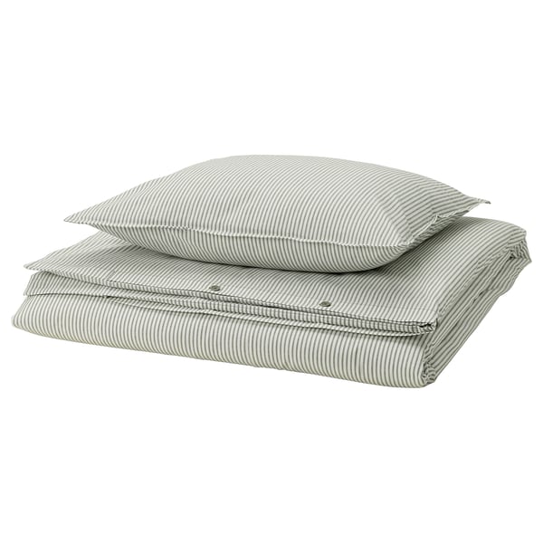 SOLFIBBLA Duvet cover and pillowcase, white green/stripe, 150x200/50x60 cm
