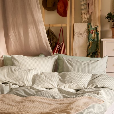 SOLFIBBLA Duvet cover and pillowcase, white green/stripe, 150x200/50x60 cm